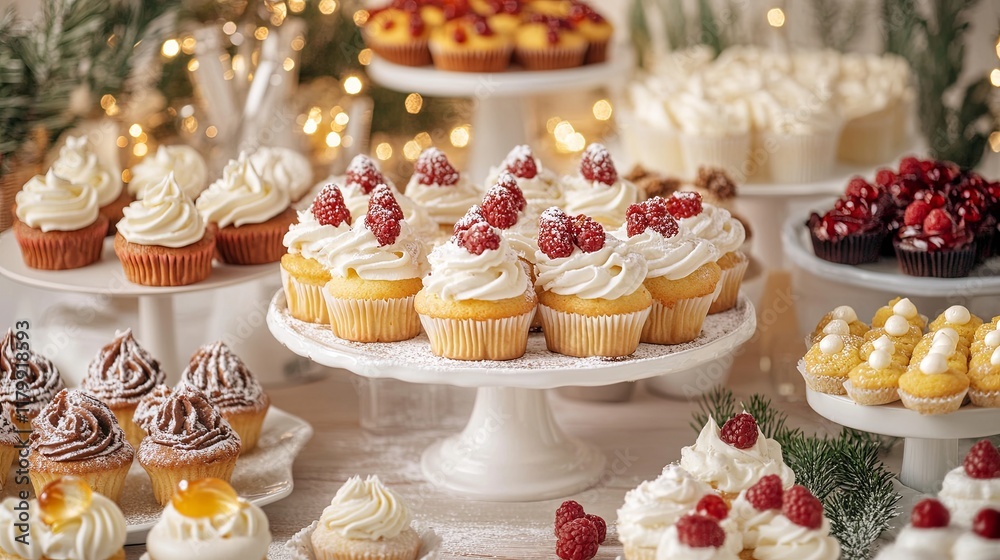 A sparkling dessert table with an array of cupcakes, tarts, and pastries A sparkling dessert table with an array of cupcakes, tarts, and pastries