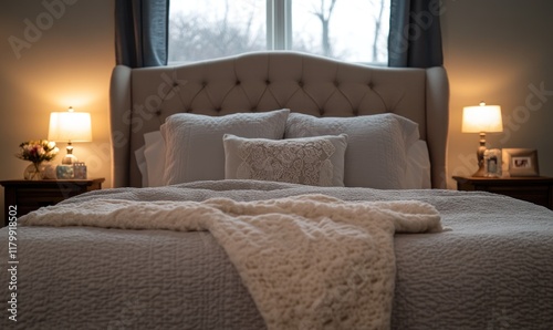 Wallpaper Mural Cozy bedroom, winter view, lamps lit, soft blanket Torontodigital.ca