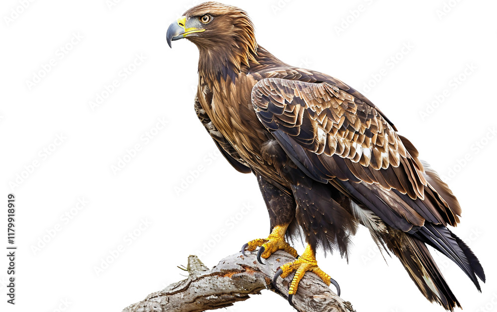 Fototapeta premium Elegant Eagle on Branch on white background PNG.