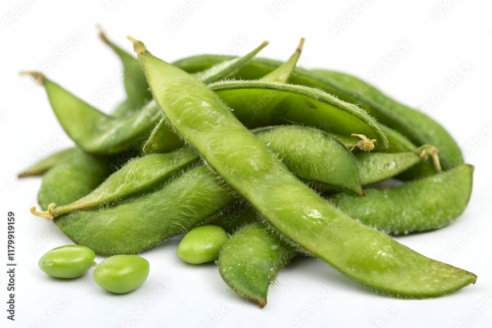 Fresh Edamame Pods and Soybeans on White Background Fresh Edamame Pods and Soybeans on White Background
