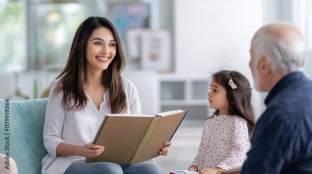 smiling mother sitting on pastel color sofa with child girl holding big book in hands smiling mother sitting on pastel color sofa with child girl holding big book in hands
