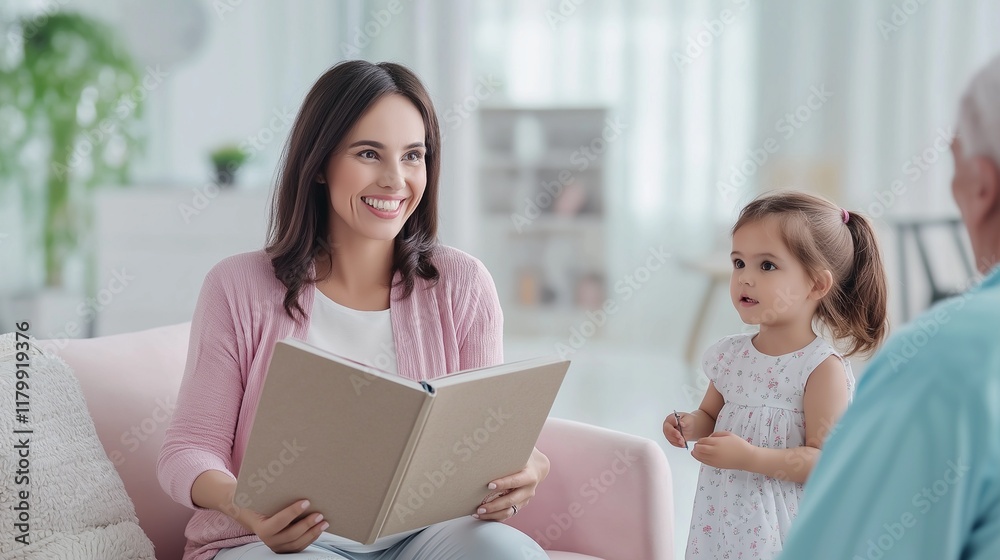 smiling mother sitting on pastel color sofa with child girl holding big book in hands smiling mother sitting on pastel color sofa with child girl holding big book in hands
