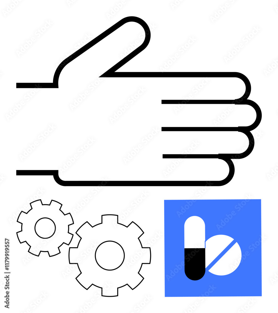 Hand outline next to gear and pill icons. Ideal for healthcare, medical industry, pharmaceutical processes, teamwork, mechanism understanding, drug manufacturing, patient care. Line metaphor Hand outline next to gear and pill icons. Ideal for healthcare, medical industry, pharmaceutical processes, teamwork, mechanism understanding, drug manufacturing, patient care. Line metaphor