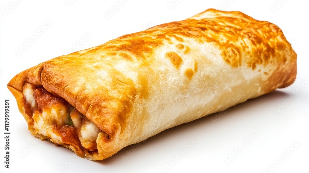 Close Up of a Delicious Chimichanga - A crispy, golden-brown chimichanga, filled with savory goodness, sits invitingly on a pristine white background. It symbolizes comfort food, Mexican cuisine, deli Close Up of a Delicious Chimichanga - A crispy, golden-brown chimichanga, filled with savory goodness, sits invitingly on a pristine white background. It symbolizes comfort food, Mexican cuisine, deli
