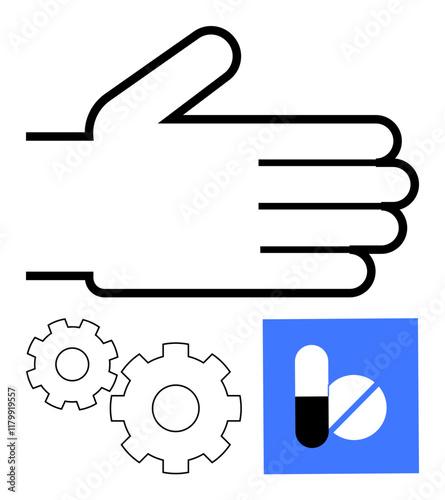 Hand outline next to gear and pill icons. Ideal for healthcare, medical industry, pharmaceutical processes, teamwork, mechanism understanding, drug manufacturing, patient care. Line metaphor