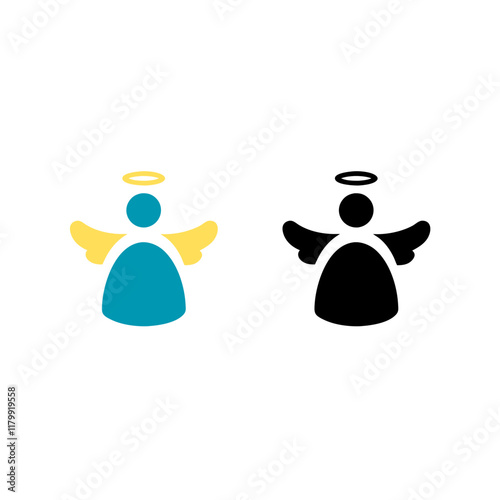 an icon set featuring an angel, symbolizing divine messengers and spiritual protection in Christianity and other faiths, colored and black versions.