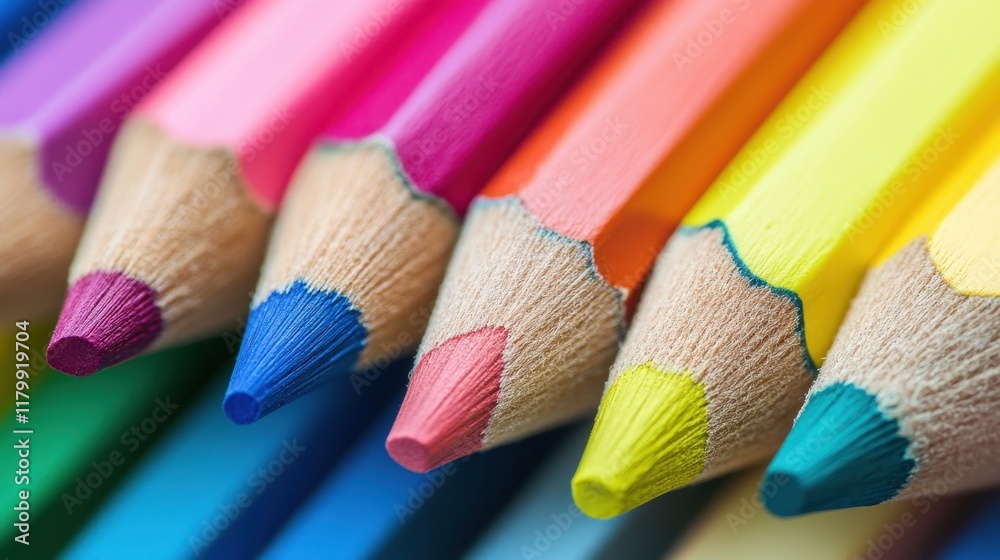 Vibrant Colored Pencils Arranged in a Row Showcasing a Spectrum of Colors for Artistic Projects and Creative Endeavors, Highlighting Their Unique Tips and Texture Vibrant Colored Pencils Arranged in a Row Showcasing a Spectrum of Colors for Artistic Projects and Creative Endeavors, Highlighting Their Unique Tips and Texture
