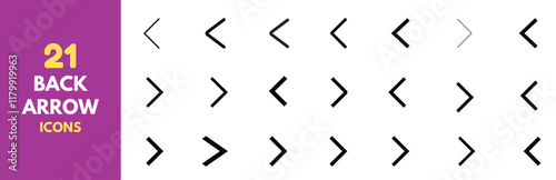 Collection of 21 back arrow icons for UI and UX design. Clean and minimalist back arrow icons. Line style with circular and straight variations.Vector format.