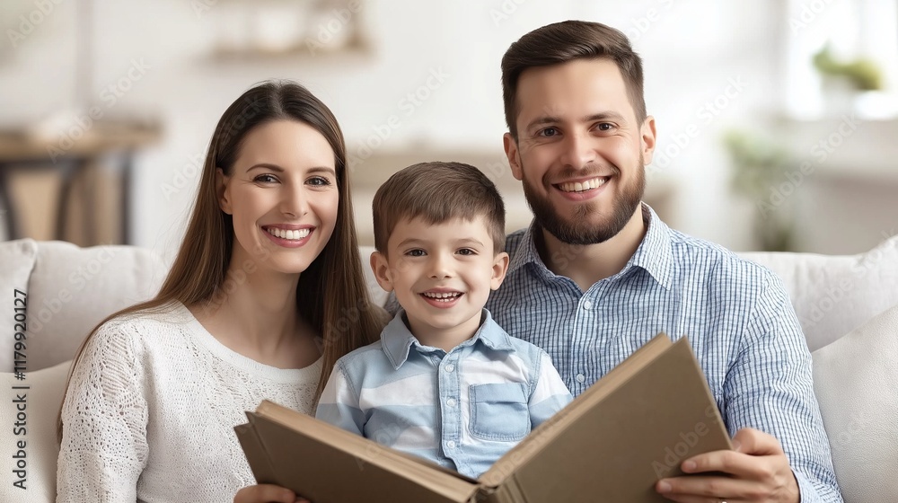 smiling couple of parents sitting on sofa with child boy, man holding big book in hands smiling couple of parents sitting on sofa with child boy, man holding big book in hands