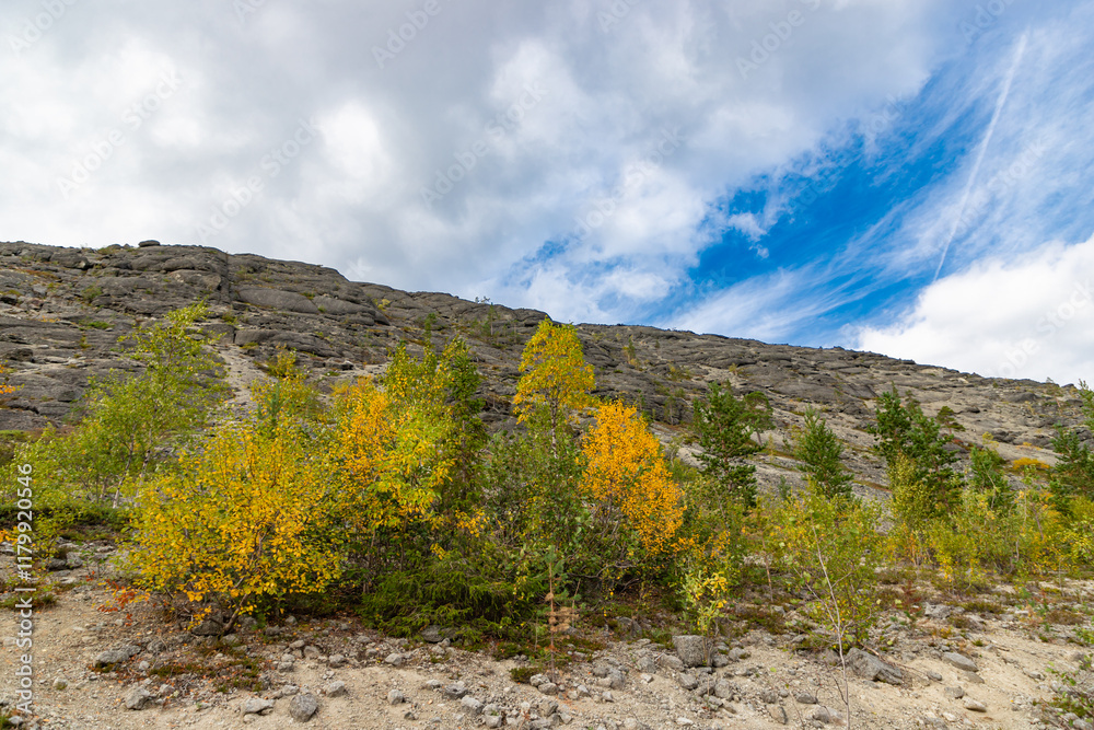 View to Khibiny mountains near Mannepakhp river. Early autumn in arctic tundra region. Kola peninsula, Murmansk region, Russia.