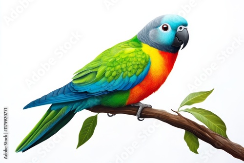 Vivid Parrot on Branch - A vibrant parrot perched on a branch, symbolizing freedom, nature, beauty, tranquility, and exoticism.