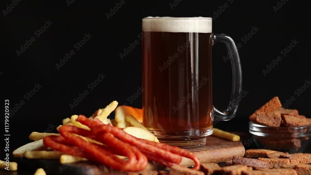 Glass with light beer and snacks on a dark background. Beer, French fries and hunting sausages. Glass on a wooden board and snacks. Light beer and bread croutons. Traditional glass beer mug Glass with light beer and snacks on a dark background. Beer, French fries and hunting sausages. Glass on a wooden board and snacks. Light beer and bread croutons. Traditional glass beer mug
