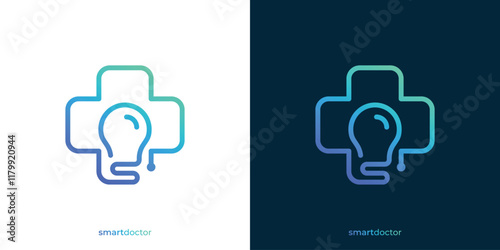 Creative Smart Doctor Logo. Cross Health and Lamp Lightbulb Icon Graphic. Medical Logo Design Template.