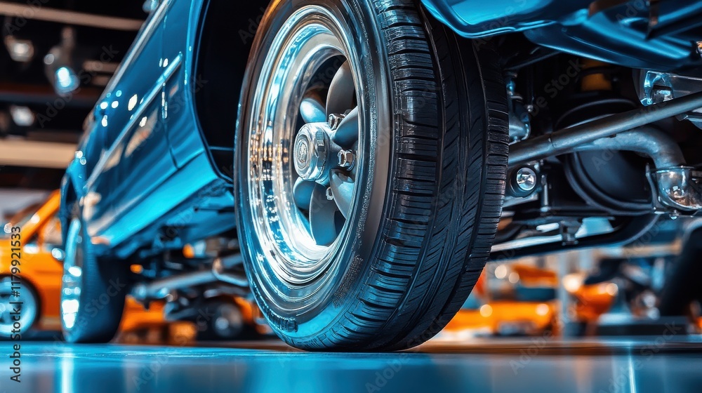 Fototapeta premium A well-maintained car undercarriage with visible exhaust system, suspension components, and sturdy frame, emphasizing quality craftsmanship.