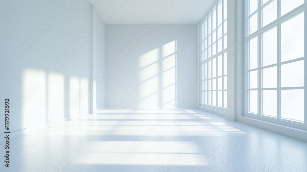 Fototapeta premium Minimalistic white room. Sun rays. Cleanliness. Paradise. Background.