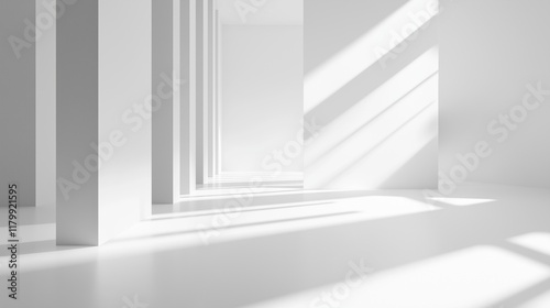 Minimalistic white room. Sun rays. Cleanliness. Paradise. Background.