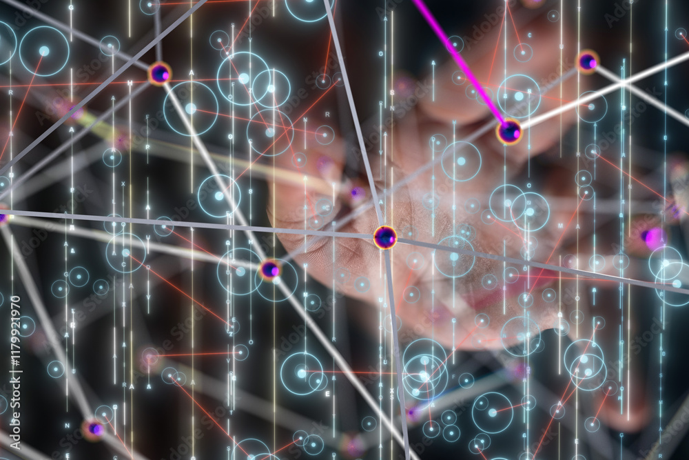 Obraz premium Neural network 3D illustration. Big data and cybersecurity - 3d