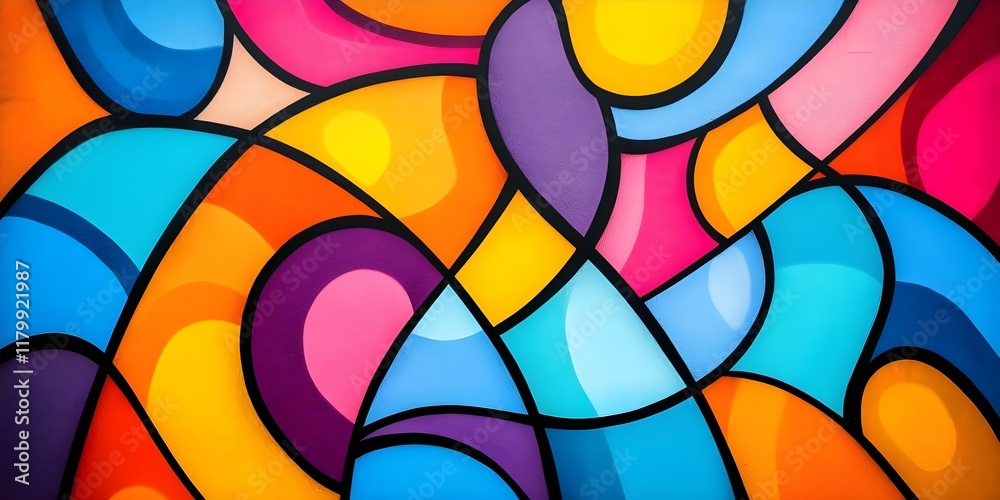 Obraz premium A vibrant abstract mural featuring intertwined shapes in bright colors like orange, pink, yellow, and blue. Concept Vibrant Abstract Mural, Intertwined Shapes, Bright Color Palette