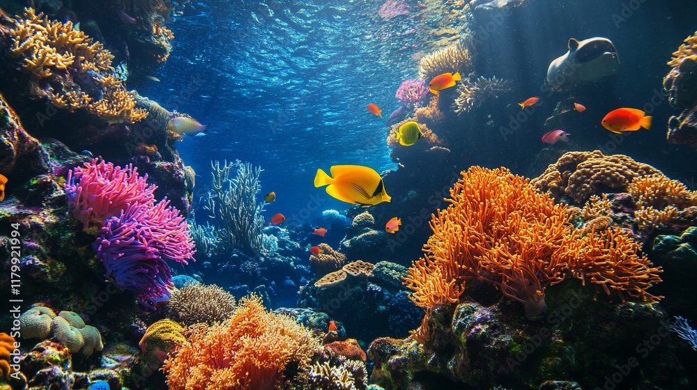 Naklejka premium Vibrant coral reef teeming with colorful fish.