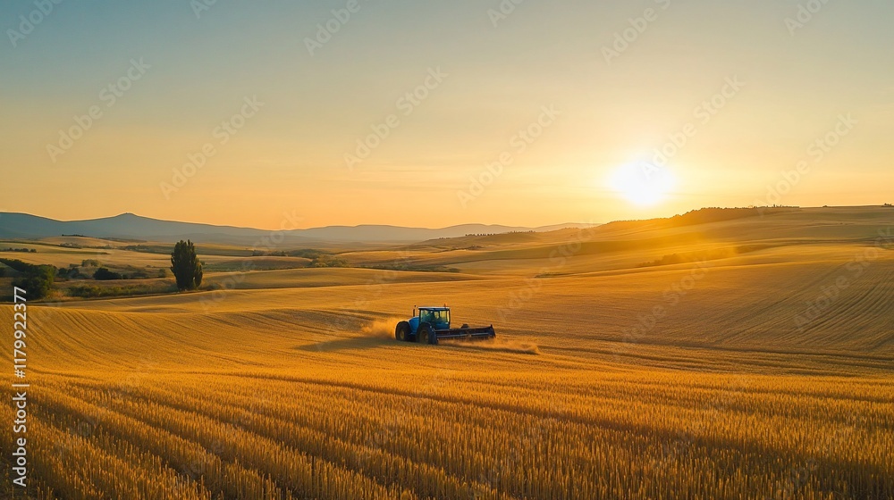 Tractor harvesting golden wheat field at sunset.