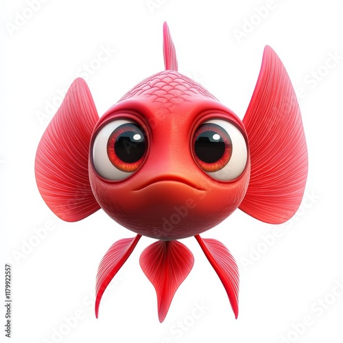 A front-view 3D illustration of a cute, spherical cartoon goldfish with a sad expression, large bulging eyes, a yellow belly, and a red back, showing round stylized scales, floating in the air. photo