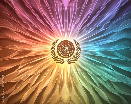 Vibrant and Glowing Abstract Representation of the United Nations Flag Celebrating International Day with Soft Pastel Colors and Dynamic Flowing Patterns photo