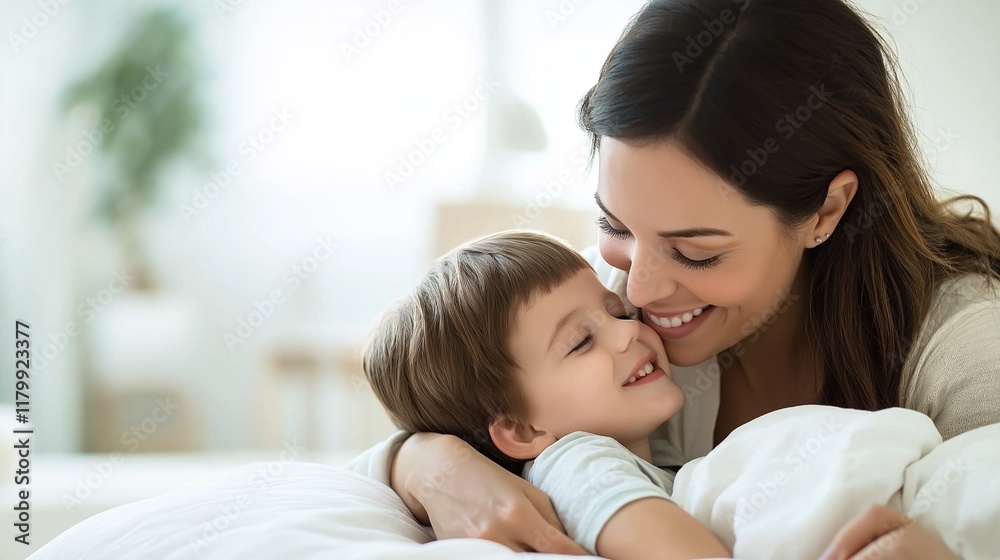 smiling mother tucking their child into bed, telling him bedtime stories smiling mother tucking their child into bed, telling him bedtime stories