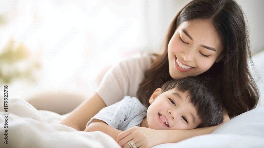 smiling mother tucking their child into bed, telling him bedtime stories smiling mother tucking their child into bed, telling him bedtime stories