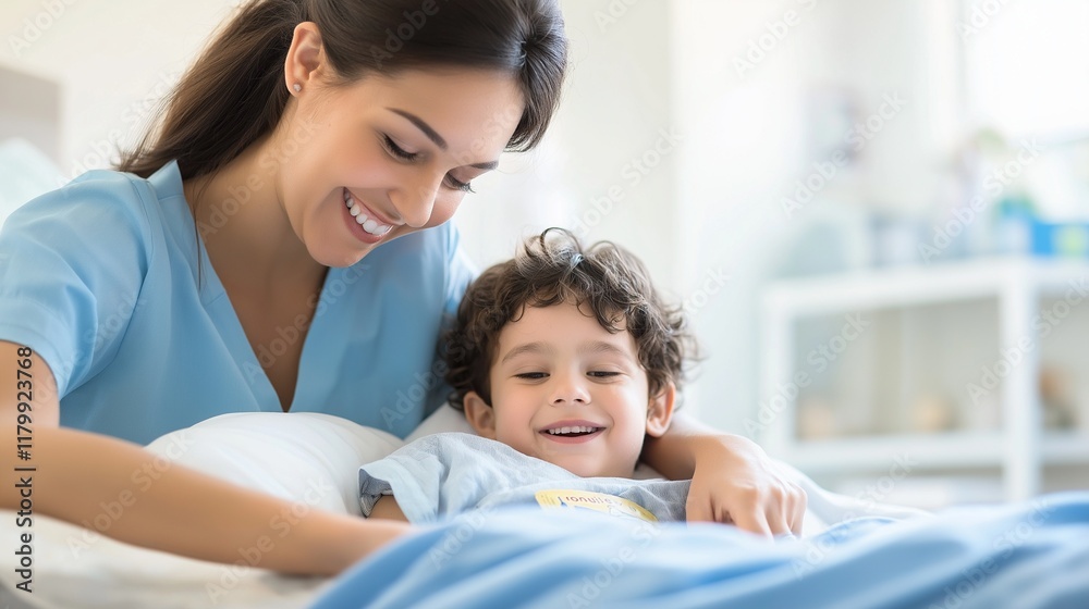 smiling mother tucking their child into bed, telling him bedtime stories smiling mother tucking their child into bed, telling him bedtime stories