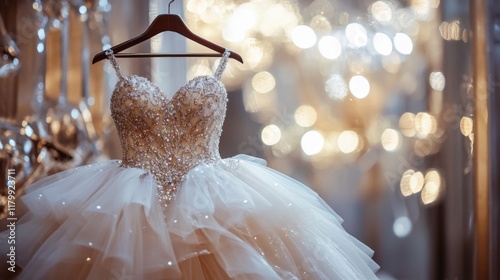 A gorgeous princess gown with layers of tulle, shimmering beads, and a flowing skirt, displayed elegantly on a hanger in a luxurious setting.