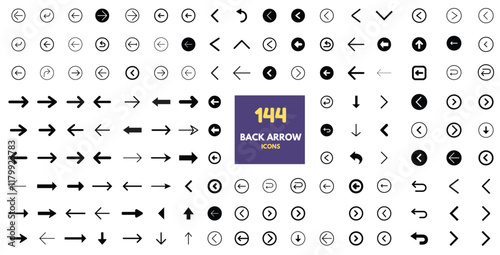 Collection of 144 back arrow icons for UI and UX design. Clean and minimalist back arrow icons. Line style with circular and straight variations.Vector format.