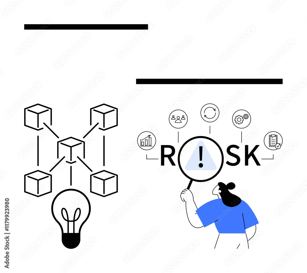 Blockchain network connected to a lightbulb symbolizing innovation, alongside a figure analyzing RISK using a magnifying glass. Ideal for blockchain, innovation, risk, strategy, problem-solving Blockchain network connected to a lightbulb symbolizing innovation, alongside a figure analyzing RISK using a magnifying glass. Ideal for blockchain, innovation, risk, strategy, problem-solving