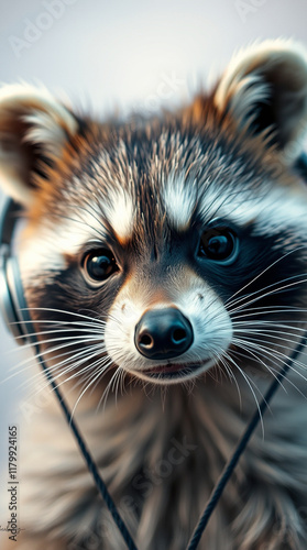 Adorable raccoon enjoying music with headphones.  A close-up portrait showing intricate details and curious expression. photo