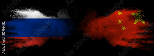 Photography Flags of Russia and China on Black background, Russia vs China Smoke Flags