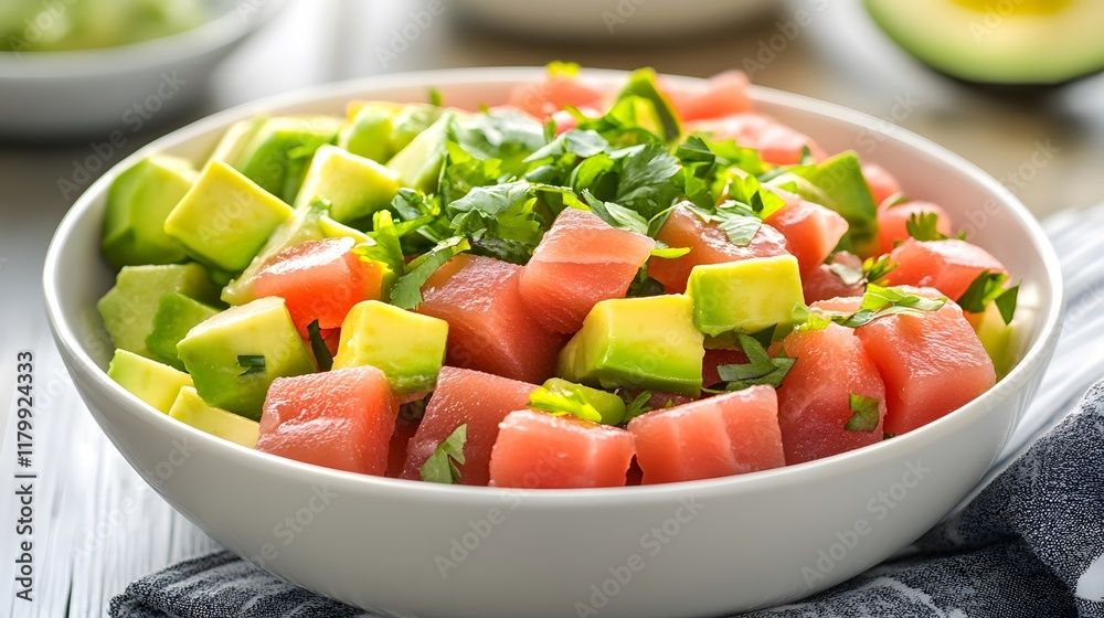 A vibrant bowl of poke featuring cubes of fresh fruits A vibrant bowl of poke featuring cubes of fresh fruits
