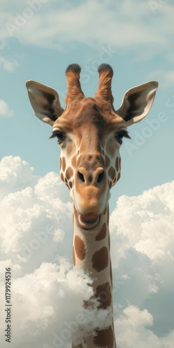 A goofy giraffe's head pops from fluffy clouds, tongue sticking out, joyful, zany photo