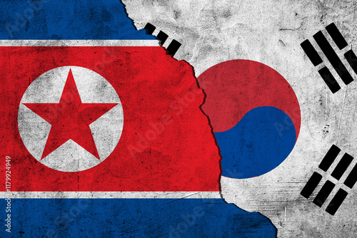 Flag of the North and South korea painted on wall divided with crack, South and North korea war, conflict concept, relations