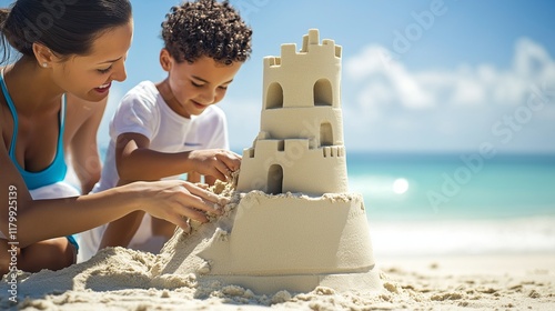 mother and son building a sandcastle at the beach, working together to create an elaborate structure photo