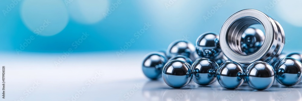 Precision Metal Spheres and Ring - Precision engineering, industrial components, metallic texture, reflective surfaces, technological advancement. Precision Metal Spheres and Ring - Precision engineering, industrial components, metallic texture, reflective surfaces, technological advancement.