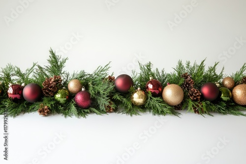 Elegant Christmas garland with pine cones, burgundy and gold ornaments, and lush greenery.