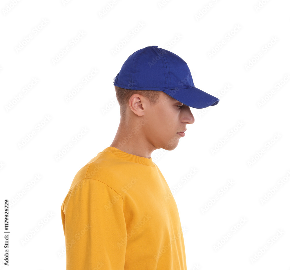Man in stylish baseball cap on white background. Mockup for design Man in stylish baseball cap on white background. Mockup for design