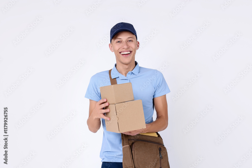 Happy postman with bag and parcels on white background Happy postman with bag and parcels on white background