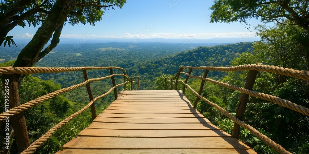 Obraz premium A wooden lookout platform overlooking a lush green valley surrounded by dense trees and a clear blue sky. Concept Wooden Lookout Platform, Lush Green Valley, Dense Trees, Clear Blue Sky