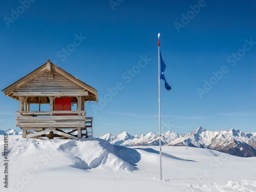 Lifeguard hut on snowcapped mountains against blue sky photo