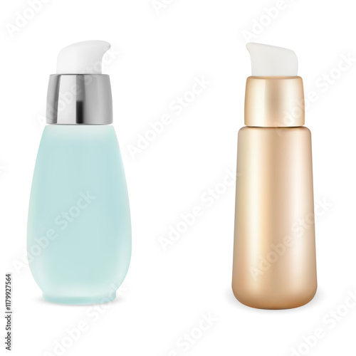 Small airless pump dispenser bottle vector mockup. Face skin cosmetic product packaging. Serum essence dropper bottle. Beauty makeup foundation cream container template, isolated on background