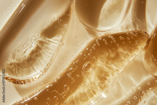 Transparent skincare serum swatches close up macro detail on mocha solid color flat lay background, trendy cosmetics visual design.