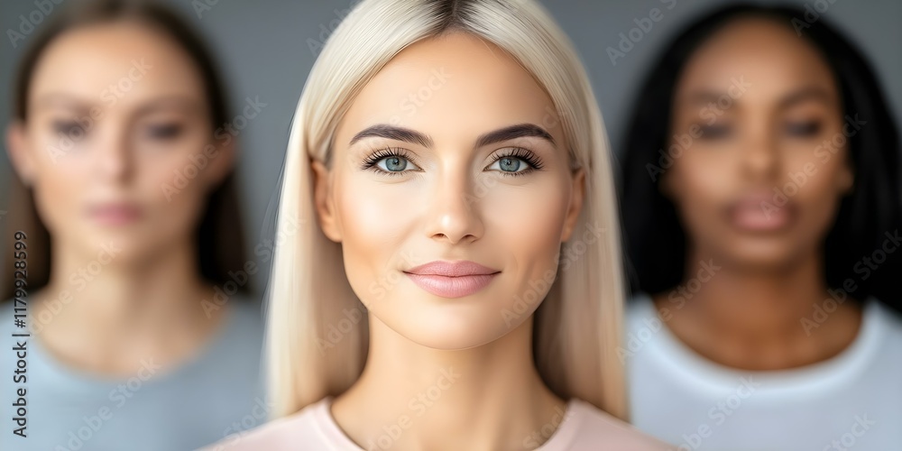 Obraz premium Three women are smiling, with the focus on the woman in the front, showcasing diverse hair colors and styles. Concept Diverse Hairstyles, Group Smiles, Portrait Focus, Sisterhood Celebration