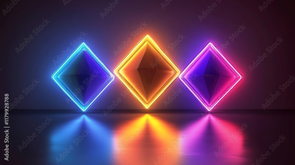 Neon Illuminated Geometric Shapes Display Colorful Reflections Neon Illuminated Geometric Shapes Display Colorful Reflections