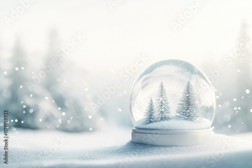 A snow globe with miniature snow-covered pine trees sits on a snowy surface, evoking a serene winter scene.