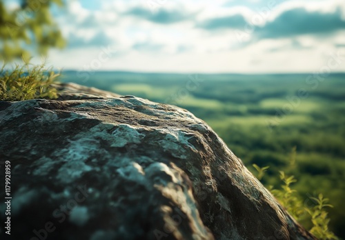 Photograph of the view from the top, overlooking the Sosnowiec Rocks in a masterful landscape photograph. The image features vivid colors, sharp focus on the rock face, a blurred green valley below. photo